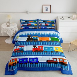 Cartoon Train Comforter Set Twin Size for Kids Boys,City Road Train Tracks Quilt Set Colorful Transport Vehicles Bedding Set 2Pcs,Fashion Navy Geometric Stripes Duvet Insert,1 Pillowcase