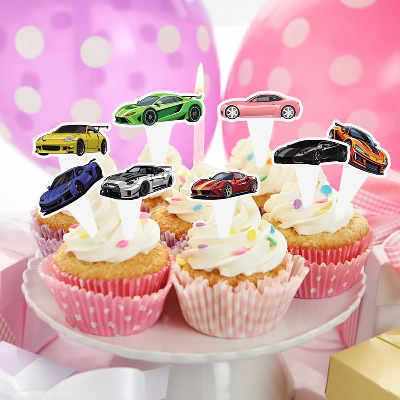 Lyosehy 48PCS Race Car Cupcake Toppers - 8 Designs, 6pcs