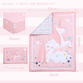 UOMNY Crib Bedding Set for Girls - Pink Baby Nursery Sets 3 Pieces Quilt Comforter Fitted Sheet Toddler Pillowcase Soft Star