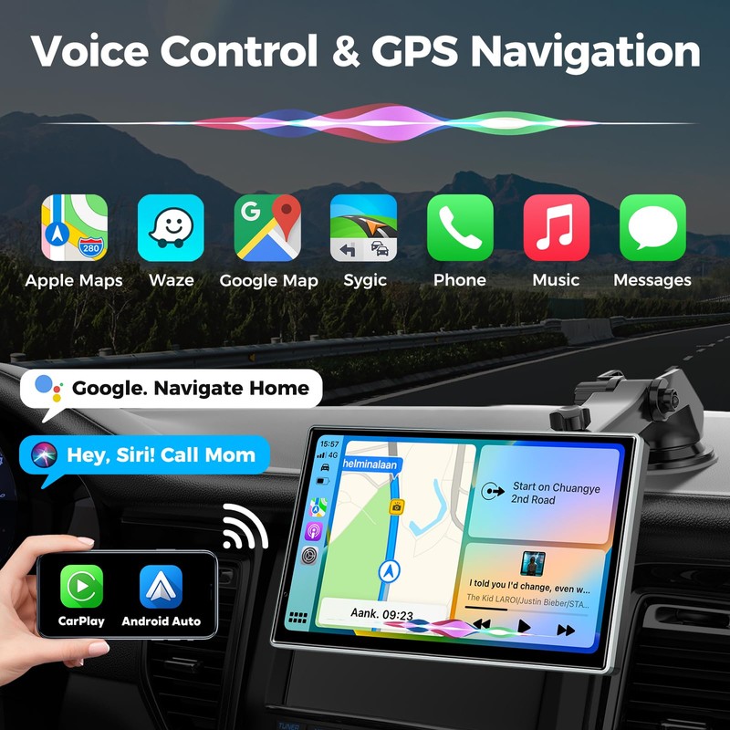 JATAZA 7" Wireless Apple CarPlay Android Auto Screen for Car