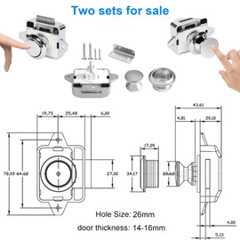 Amfrpar Pack of 2 14-16 mm Push Lock Motorhome Metal Push Button Lock Cabinet Lock Catch Furniture Lock Camping Locking Drawers Pressure Lock for Caravan, RV, Yacht, Ship (Silver)