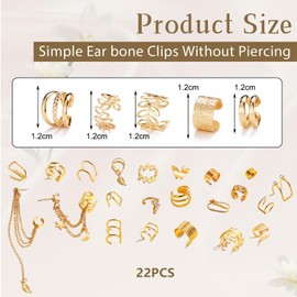 Kotkiddy Pack of 22 Gold Ear Collar Earrings for Women Non-Pierced Lightweight, Adjustable, Hypoallergenic False Clip On Cartilage Butterfly Chain Twist Helix Earrings Set, L, Plastic