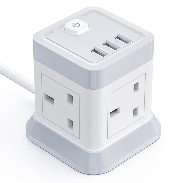 Extension Lead Cube with USB, BEVA 4 Way Power Strip with 3 USB Ports, Desktop Power Extension Socket with 1.5M Extension Cable Cords for Home Dorm Office Travel-WHITE