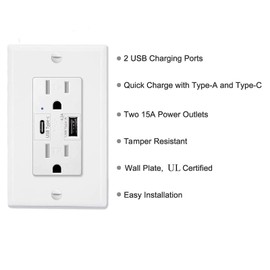 SuperInk Type C USB Charger Outlet, UL Certificated Tamper Resistant Receptacle Wall Plate Charger Adapter AC Power with USB Ports, White Electrical USB Outlets(15A 6pack)