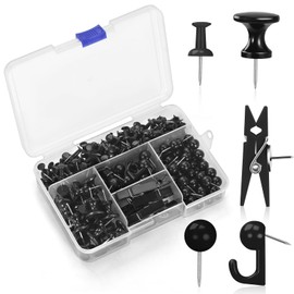 GOOLADA 240Pcs Black Push Pins,5 Style Thumb Tacks, Black Plastic Push Pins for Bulletin Boards, Cork Board,Wall,Cork Board Accessories, Office Home Supplies