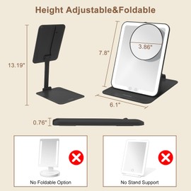 TPCHOIE Black Makeup Mirror with Lights & Adjustable Stand, Foldable Travel Mirror with 3 Light Colors & Dimming