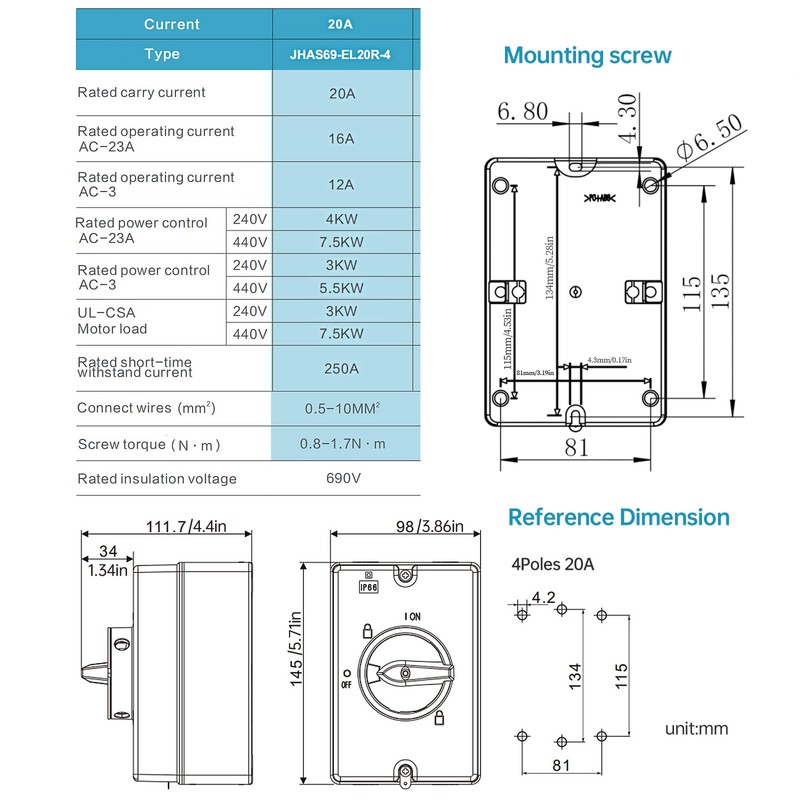 20 Disconnect Switch Box Outdoor, Isolator Switch, 4 Pole, IP66