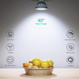 ALEXPEX MR16 LED Bulbs 10 Pack, 5000K Daylight 500LM Super Bright(50W Equivalent), Non-Dimmable 40-Degree AC/DC 12V GU5.3 Bi-Pin Base, for Indoor/Outdoor Landscape Spotlight Track Recessed Lighting