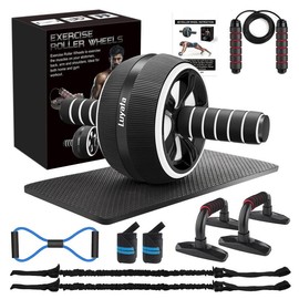 Ab Roller Wheel  10-In-1 Exercise Wheels Kit with Resistance Bands Mat Jump Rope Push-Up Bar - Home Gym Equipment for Men Women Core Strength & - Color: Black
