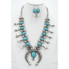 Skelapparel Southwestern Squash Blossom Necklace and Earrings Set, Boho Western Statement Piece