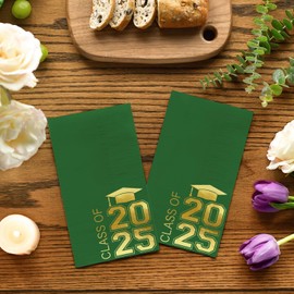 Horaldaily 100 Class of 2025 Graduation Disposable Paper Decorative Guest Napkins, Green and Gold Foil College High School Grad Celebration Hand Towel for Party Lunch Dinner Kitchen Bathroom