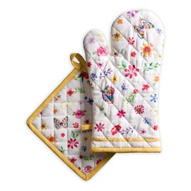 Maison d' Hermine Oven Mitt + Pot Holder 100% Cotton Heat Resistant Kitchen Easter Oven Mitt (19cm x 33cm) & Pot Holder (20cm x 20cm) for Chef, Women & Men Party, Happy Florals - Sweety -Spring/Summer