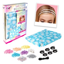 Fashion Angels Layered Headband Design Kit for Tweens and Kids to Make 4 Customized Beaded Headbands with Pastel Beads and Alphabet Beads That Includes Reusable Blue Daisy Cosmetic Bag, Ages 8 and Up