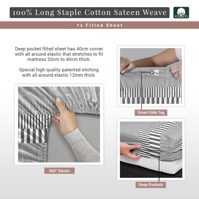 Pizuna Cotton Cascade Stripe Grey Printed Fitted Sheets Double Bed
