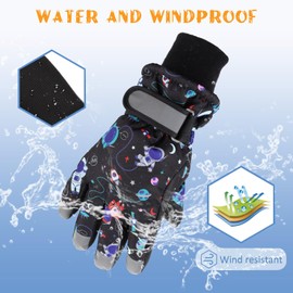 Winter Windproof Ski Gloves with Fleece Lining Warm Children Kids Mittens Snowboard Gloves Boys Girls (Black Astronauts, 10-14 Years)