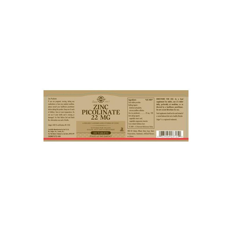 Solgar Zinc Picolinate 22 mg - 100 Vegan Tablets