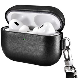 Leather Case for AirPods Pro 3 2025, ICARER Premium Genuine Leather Shockproof Protective Cover with Lanyard for AirPods Pro 3rd Earphones Charging Case (LED Visible) Support Wireless Charger-Black