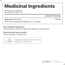 Just Glow Just Glow Magnesium L-Threonate 2,000mg, 90 Vegetable Capsules, Made in Canada | 144mg Elemental per 3-Caps serving from Magtein?