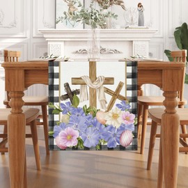 Jiudungs Linen Black and White Buffalo Check Plaid He is Risen Easter Table Runner 72 Inches Long Farmhouse Religious Easter Resurrection Scene Home Kitchen Dining Room Table Decorations