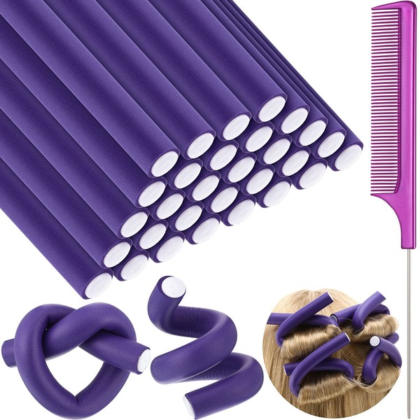30 Pieces Flexible Curling Rods Twist Foam Hair Rollers Soft Foam No Heat Hair Rods Rollers and 1 Steel Pintail Comb Rat Tail Comb for Women Girls Long and Short Hair (Purple, 7 x 0.8 Inch)