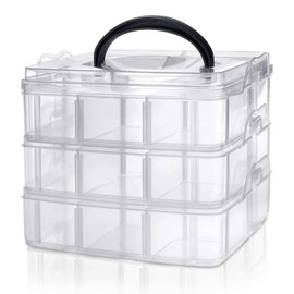 Kurtzy 3 Tier Clear Transparent Plastic Stackable Storage Box - Adjustable Compartment Slots - Maximum 18 Compartments - Container for Storing & Organising Toys, Jewellery, Beads, Arts & Crafts, Tools
