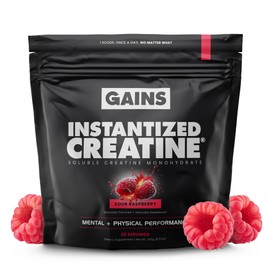 Gains in Bulk Instantized Creatine Monohydrate for Women and Men, Soluble Pre Workout Powder, Supports Muscle Building, Strength and Performance, Bodybuilding Supplements, Sour Raspberry, 30 Servings