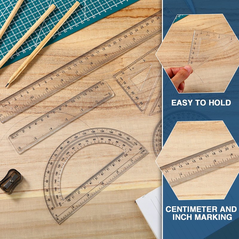 Tenare 18 Pcs Plastic Clear Ruler Math Set Includes Protractor,