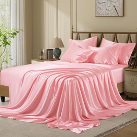 VCUSUELER Silk Like Satin Bed Sheets, 4-Piece Pink Twin Size Satin Sheets for Hair and Skin, Luxury Silky Bedding Set with Deep Pocket for Mattress (Twin, Pink)