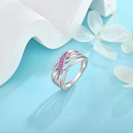 Veshon 925 Sterling Silver Infinity Celtic Knot Red Ruby Rings, 18K White Gold Plated X Crossover Band Rings Statement Jewelry Ring for Women Wife Girlfriend, Size 6