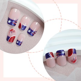 24Pcs 4th of July Press on Nails Short Square Red Black French Tip Fake Nails American Flag with Star Fireworks Glitter Design Full Cover Independence Day False Nails for Women Acrylic Manicure Salon