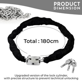 Trimming Shop 38mm x 1.8m Bike Lock, 3 Key Motorcycle Padlock with Chain, Heavy Duty Weatherproof, Protective Cover, Anti-Theft Lock Chain for Bikes, Bicycles, Scooters, Motorbikes Door Gate Fence