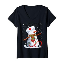 Womens Snowman Nurse Christmas Stethoscope Nursing Scrub Tops Xmas V-Neck T-Shirt