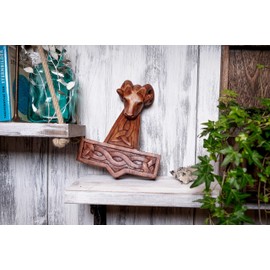 Windalf Mjölnar Handmade Wall Decoration 25 cm Viking Thor's Hammer with Aries Head Wood