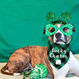 STMK St. Patrick's Day Dog Bandana Set, Green Plaid & Shamrock Headband, Unisex, Cotton, 30" Bandana, 8.2" x 10" Headband, All Breed Sizes, Spring, St. Patrick's Day