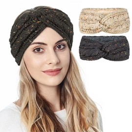 2 Pack Womens Winter Headbands, Twisted Fuzzy Fleece Lined Ear Warmer With Colored Dots, Fashion Thick Warm Crochet Hair Band, Cold Weather Warm Ear Muffs Soft Cable Knit Head Wrap, Gifts for Female