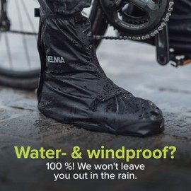 Velmia Shoe Covers with Velcro Fasteners, Reinforced Toe and Large Reflective Zones - Reusable | 100% Wind & Waterproof Shoe Covers for Cycling and Outdoors | With Edge Protection | Black