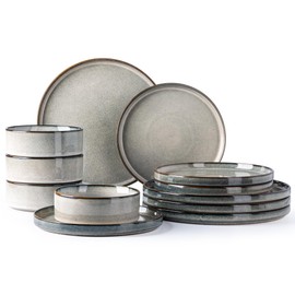 GBHOME Ceramic Dinnerware Sets for 4, 12 Pieces Stoneware Plates and Bowls Sets, Reactive Glaze Dishes -Scratch Resistant, Dishwasher&Microwave Safe-Green Wheat