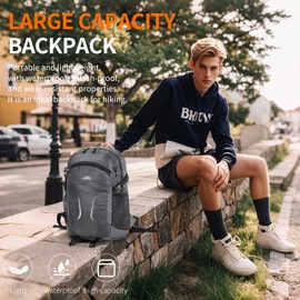 SFIUYDS Hiking Daypack,30L Waterproof Hiking Backpack Packable Lightweight Travel Day Pack for Women Men (Grey, Large)