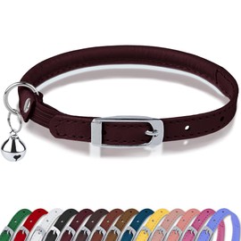 OOPSDOGGY Rolled Leather Cat Collar with Bell, Reflective Kitten Collars with Buckle Include Safety Elastic Strap - Adjustable Small Pet Collars for Boy Girl Cats (Burgundy)