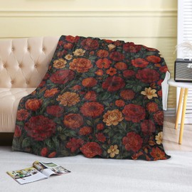 coedoaes Vintage Dark Floral Fleece Blanket,50x60in,Red Orange Peony and Autumn Garden Flower Black Throw Blankets,Soft Cozy Lightweight, Ideal for Bed Living Room Home Boho Decor,Women Gifts
