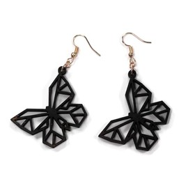Geometric Butterfly Earrings in Black - Rustic Wood Earrings with French Hooks