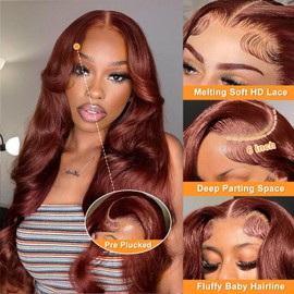 13x6 Reddish Brown Lace Front Wigs Human Hair Pre Plucked Body Wave 13x6 HD Lace Frontal Wig for Women 220% Density Auburn Brown Colored Frontal Wigs Human Hair 24 Inch