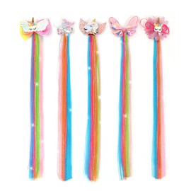 Aiduode 5 Pcs Rainbow Unicorn Hair Extensions For Kids，Hair Bows For Girls，Hair Clips For Little Girls，Hand-made Toddler Kids Ponytails，Cute Glitter Hair Accessories