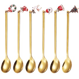Christmas Spoon Set, ESRISE Tableware Christmas Tableware Set, Colourful Stainless Steel Coffee Christmas Spoons, Small Home Spoons, Dessert Spoon (Gold)