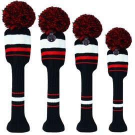 3 or 4 Pack Pom Golf Head Covers for Woods 1 3 5 Driver Fairway Hybrids Golf Wood Head Cover Set with Number Tag Knitted Golf Head Covers (Dark 1335)