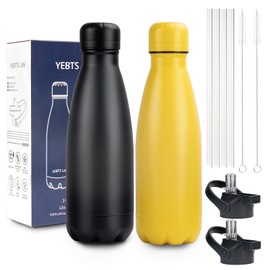 Insulated Water Bottle,2 Pack-12oz Stainless Steel Water Bottles with straw lid,Metal Sports Thermos Water Bottles for Boys,Girls,Double Wall Vacuum BPA-Free Flask for School, Sports(Black-yellow)