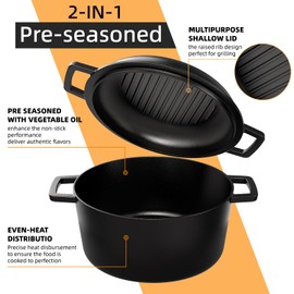 2-in-1 Pre-Seasoned Cast Iron Dutch Oven Pot with Skillet Lid Cooking Pan, Umite Chef Cast Iron Skillet Cookware Pan Set with Dual Handles Indoor Outdoor for Bread, Frying, Baking, Camping, BBQ, 5QT