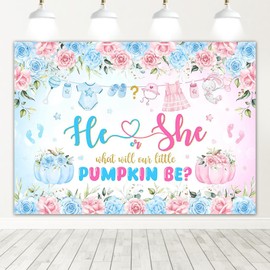Mocsicka Pumpkin Gender Reveal Backdrop Fall Pumpkin Blue or Pink Gender Reveal Background Floral He or She Gender Reveal Party Decorations Photo Booth Props (7x5ft)