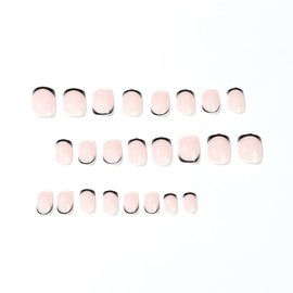 JUSTUSNX 24pcs Short French Fake Nails Nude False Nails Gold edge Black and White Contrast Press on Nails for Women and Girls (B)