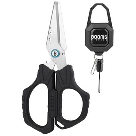Booms Fishing Braided Line Cutter: 6.3in Multifunction Fishing Scissors with Retractor - Fishing Shears with Serrated Blades and Side Wire Cutter, S04